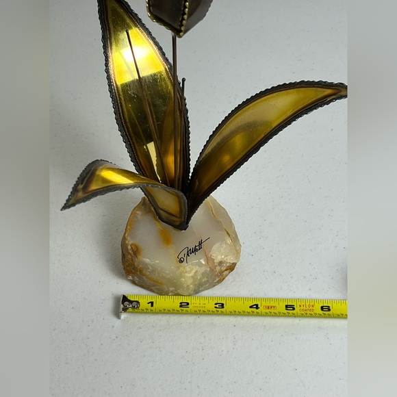 MCM Brutalist Floral Sculpture Brass Copper Signed John DeMott Onyx Base - Picture 15 of 15
